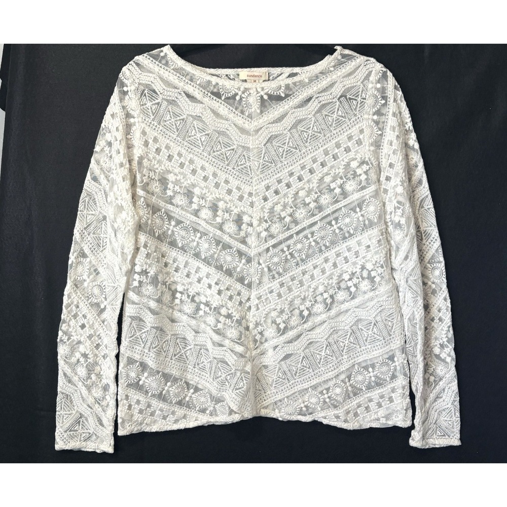 SUNDANCE Women Crochet Sheer Lace For Days Blouse Sz M White Casual Dressy 50-13